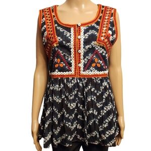 Indigo Moon Embroidered Boho Peplum Sleeves Top Size L